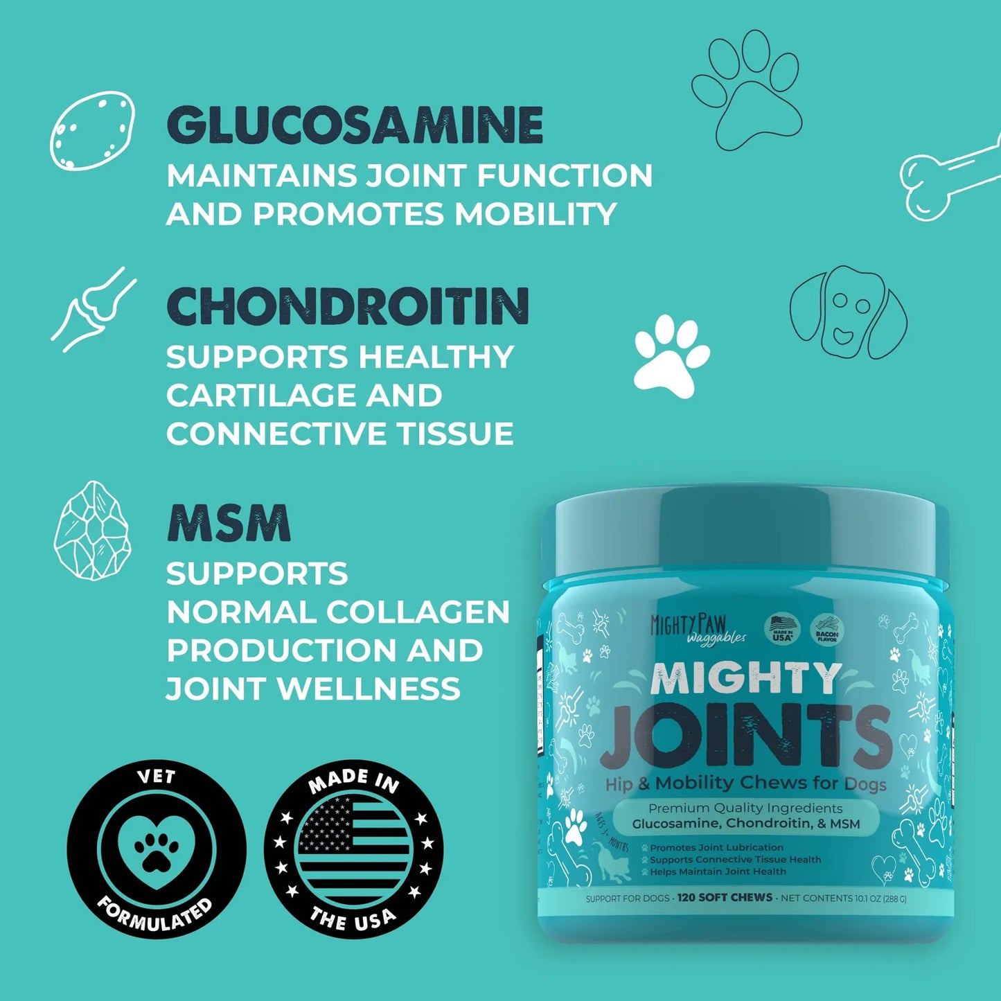 Suplemento Articular Para Perros Con Glucosamina Sabor Tocino Mejora Movilidad