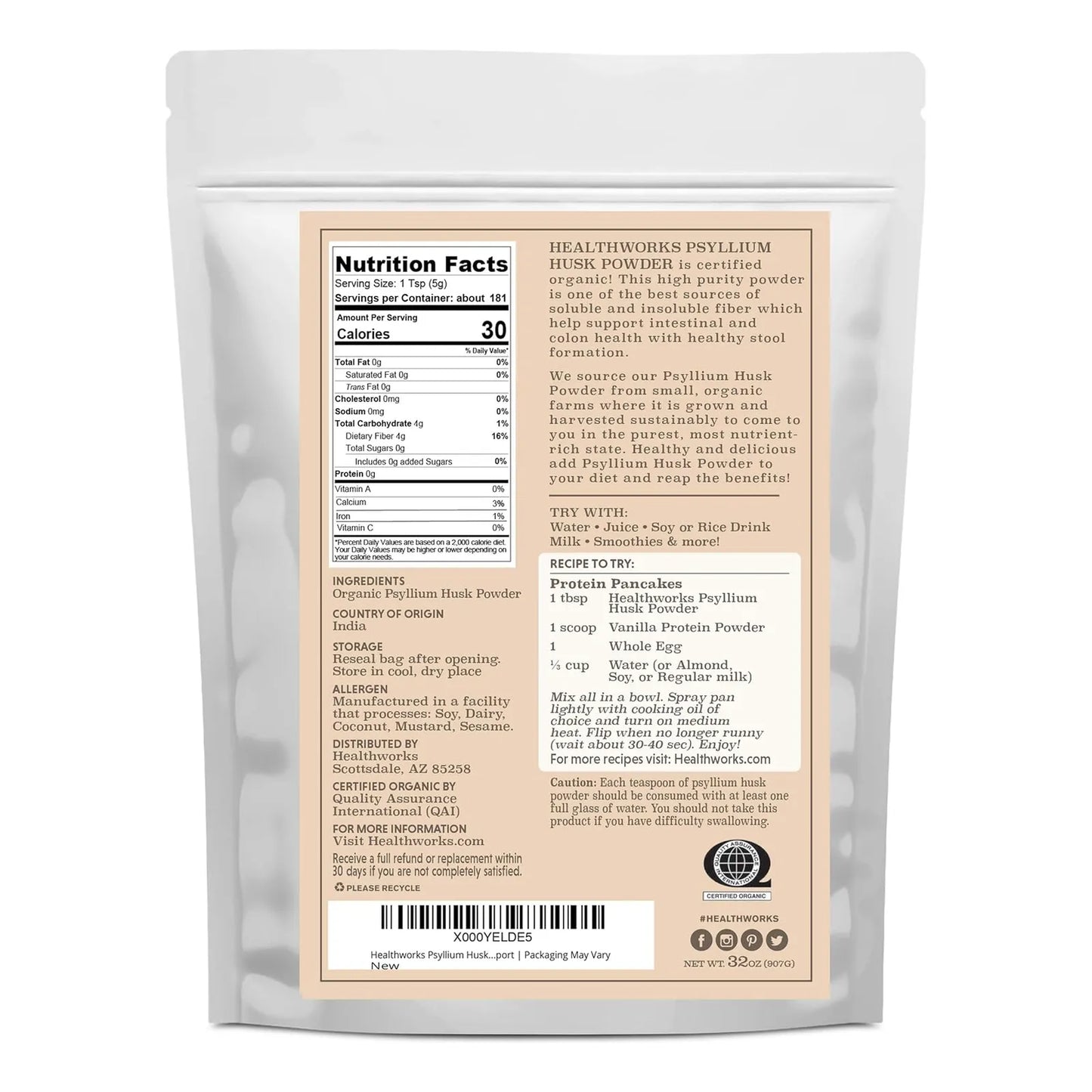 Polvo De Cascara De Psyllium Natural 454 Gramos Healthworks Para Digestión Y Bienestar