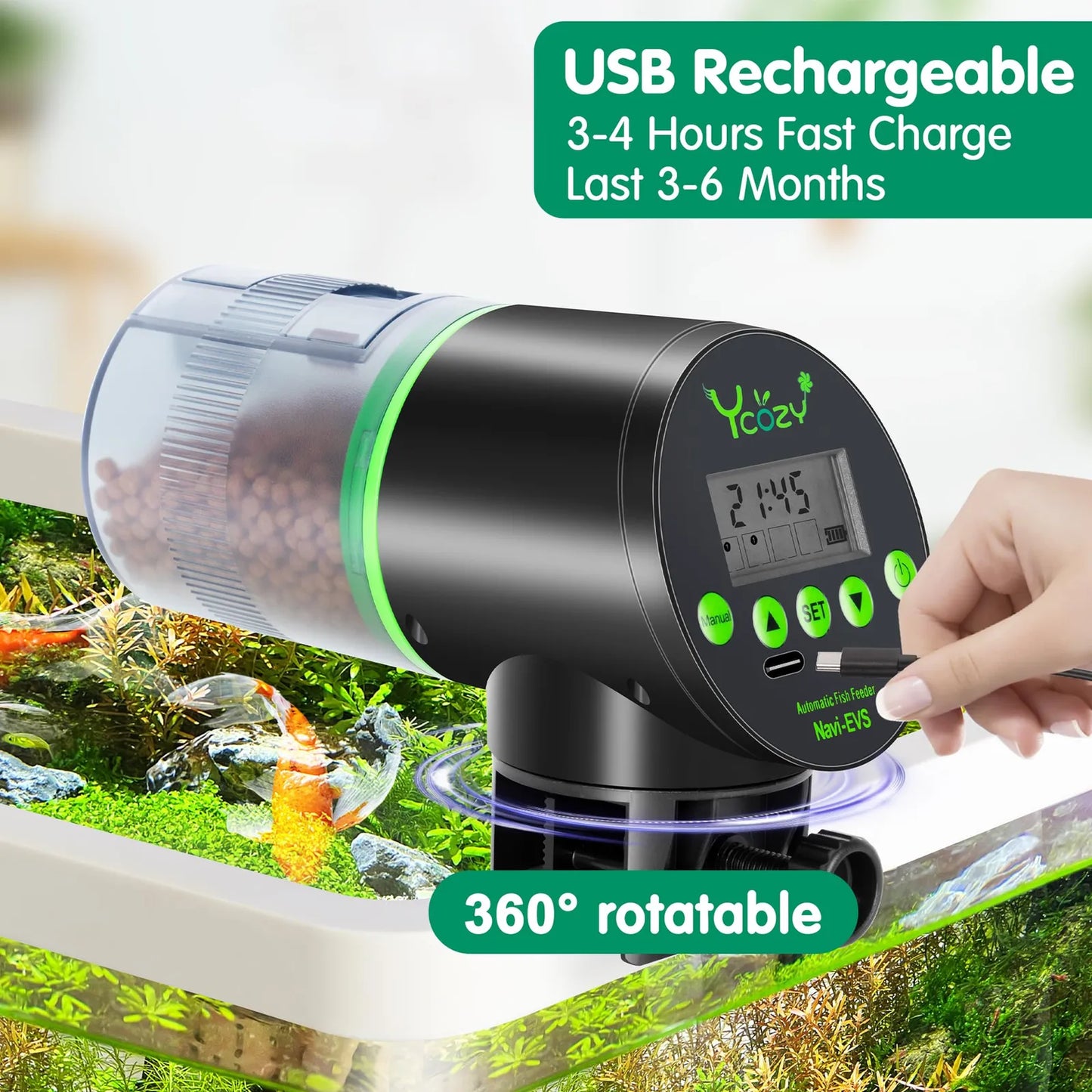 Alimentador Automático De Peces Recargable Con Cable Tipo C Dispensador Para Tanque Pequeño