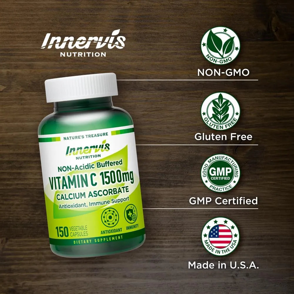 Vitamina C No Ácida 1500 Mg Ascorbato De Calcio 150 Cápsulas Suave Con El Estómago