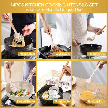 Juego De Utensilios Cocina Silicona 43 Piezas Antiadherentes Mangos Madera Resistente Al Calor