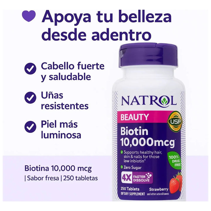 Biotina 10000mcg 250 Tabs Fresa Rápida Disolución - Imagen 2