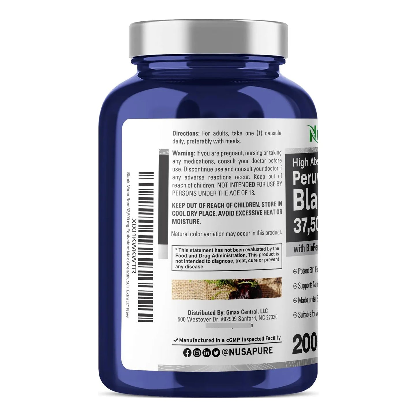 Raíz De Maca Negra 37500 Mg 200 Cápsulas Vegetales Vegano Sin OMG