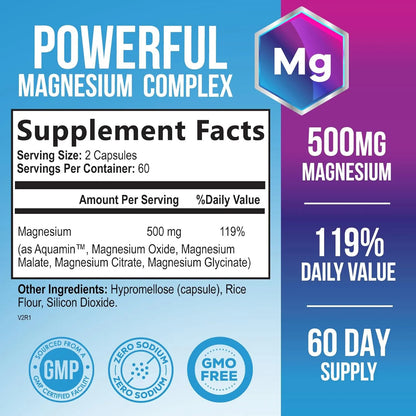 Complejo De Magnesio 500 Mg Cápsulas Alta Absorción Glicinato 5 En 1