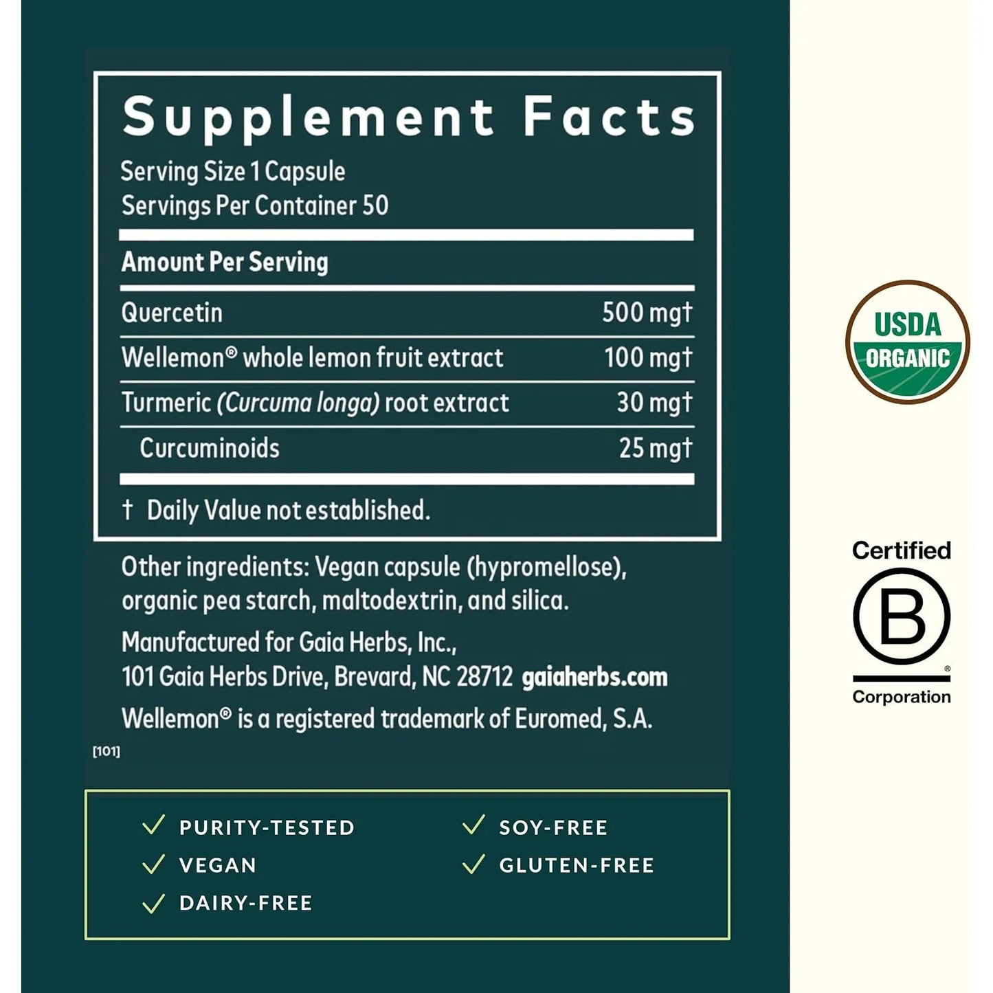 Quercetina Synergy Apoyo Inmunidad Extracto Fruta Limón 50 Cápsulas Veganas