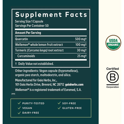 Quercetina Synergy Apoyo Inmunidad Extracto Fruta Limón 50 Cápsulas Veganas