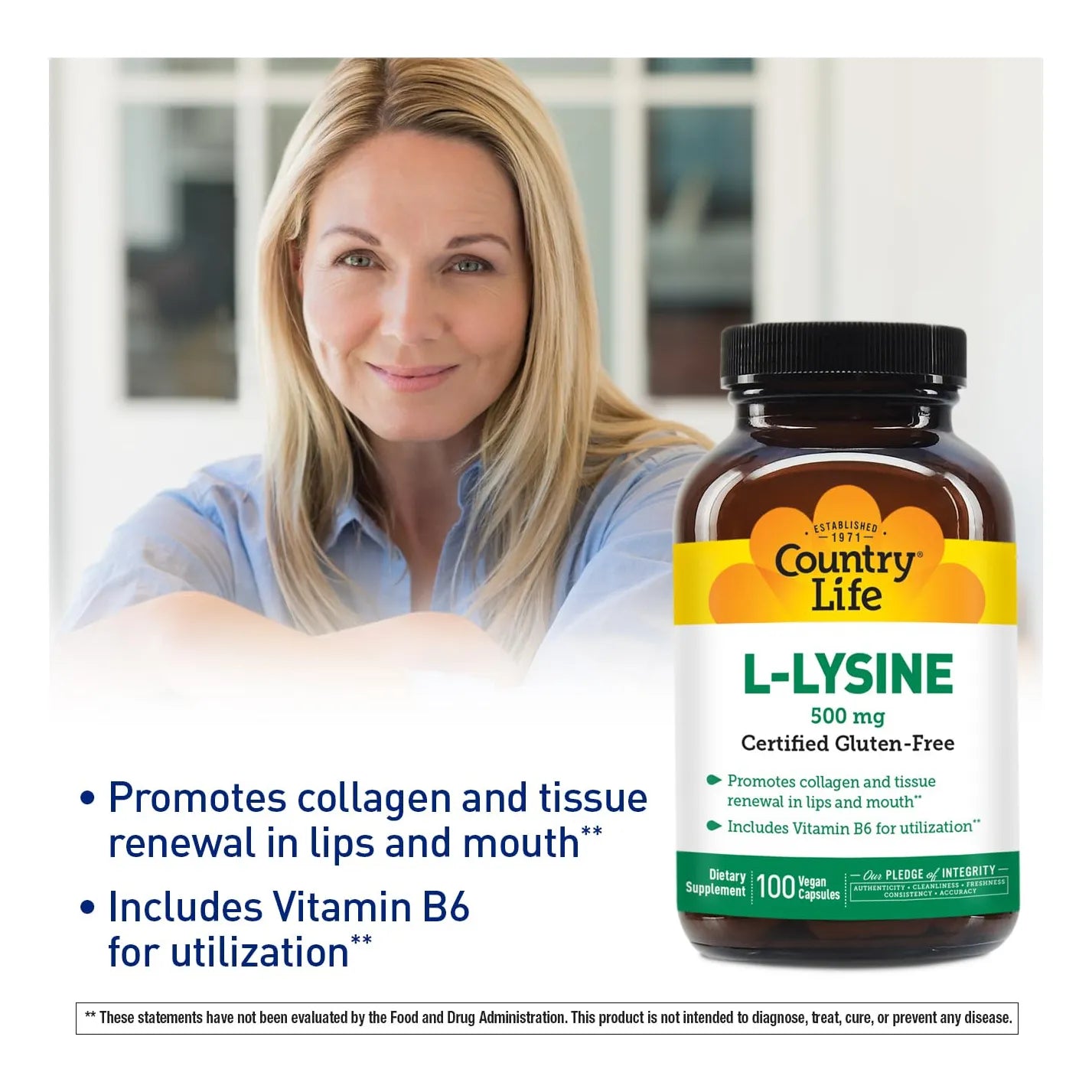 L-Lisina 500mg Con B6 Para Salud Inmunológica Y Renovación De Colágeno 100 Cápsulas Veganas