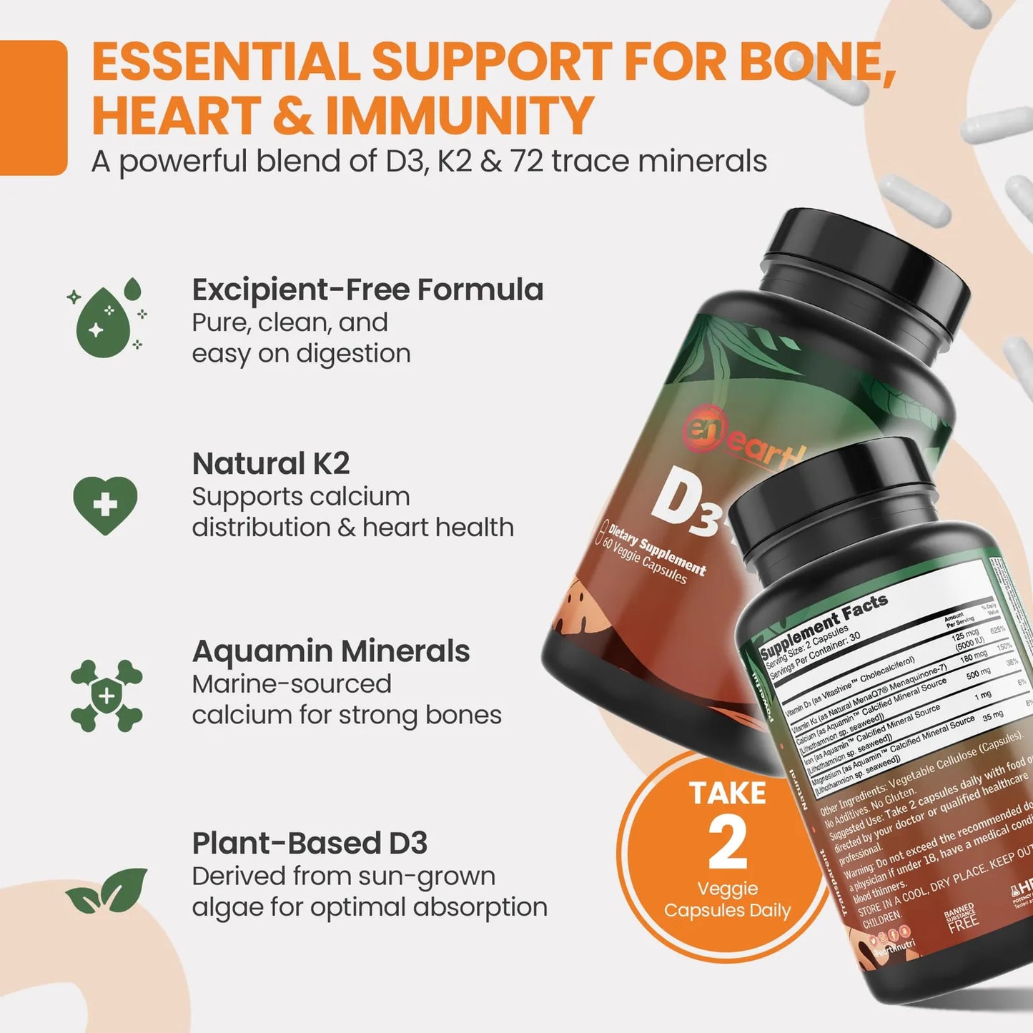 Capsulas Vegetales D3 K2 60 Unidades Para Salud Osea Y Cardiaca Con Vitamina D3 Y MenaQ7