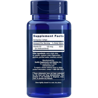 Vitamina D3 5000 UI 240 Capsulas Blandas Life Extension Paquete Doble
