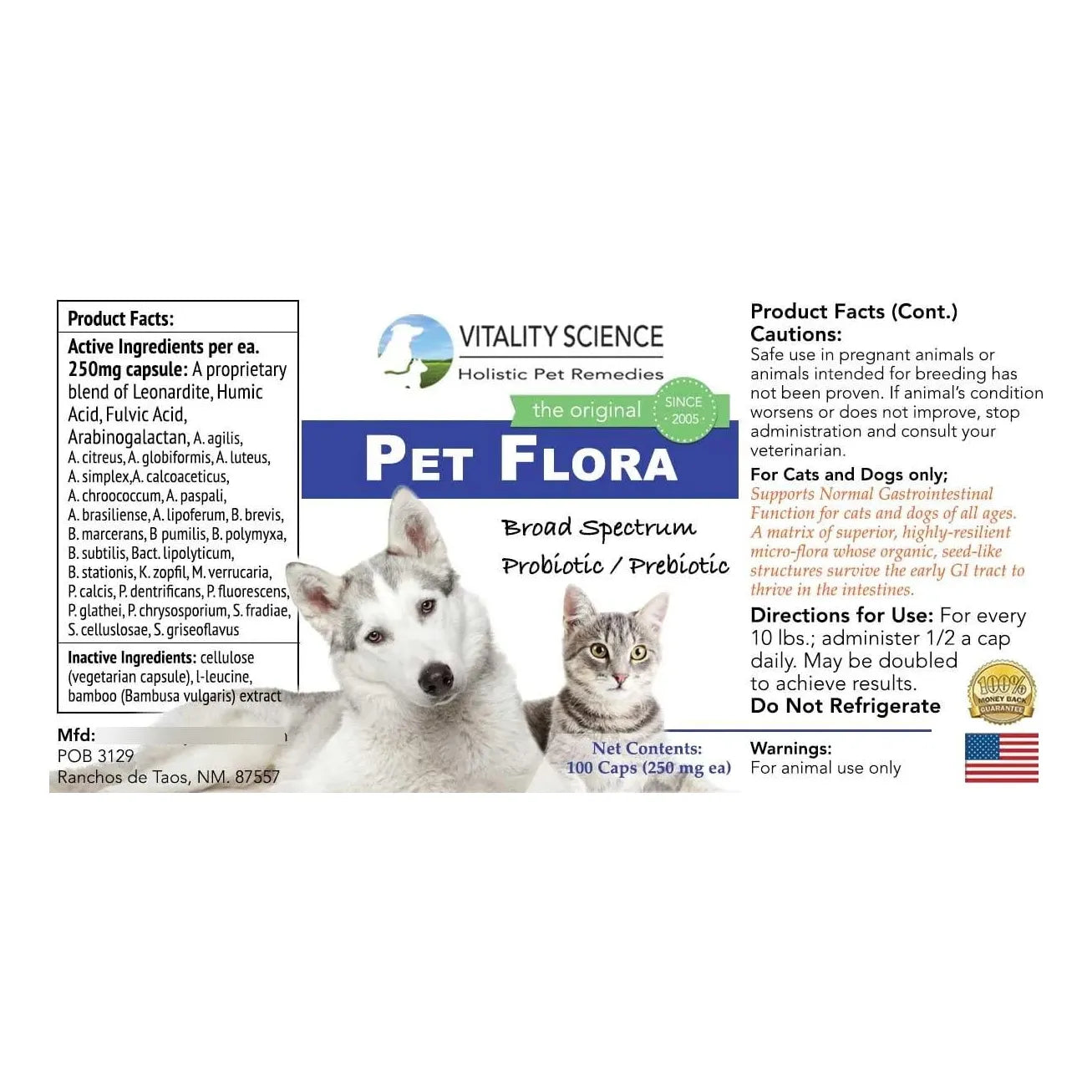 Probiótico Pet Flora Para Gatos Y Perros Digestión Diarrea Vómitos 100 Caps