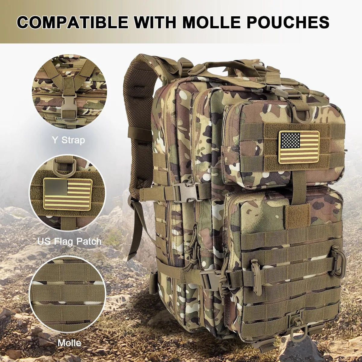 Mochila Tactica Militar Campamento 3 Dias 40L Resistente Agua Sistema Molle
