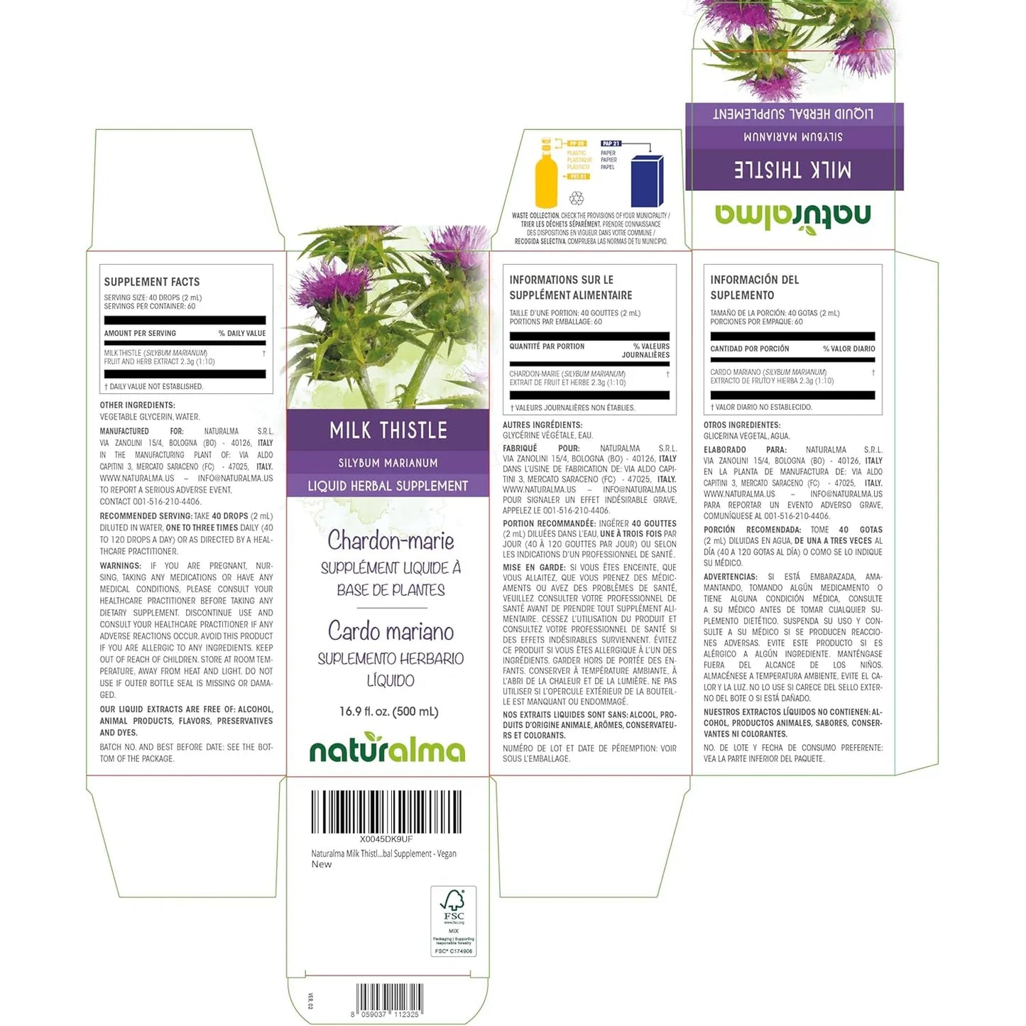 Tintura De Cardo Mariano Naturalma Extracto Líquido Sin Alcohol 16.9 Onzas Vegano