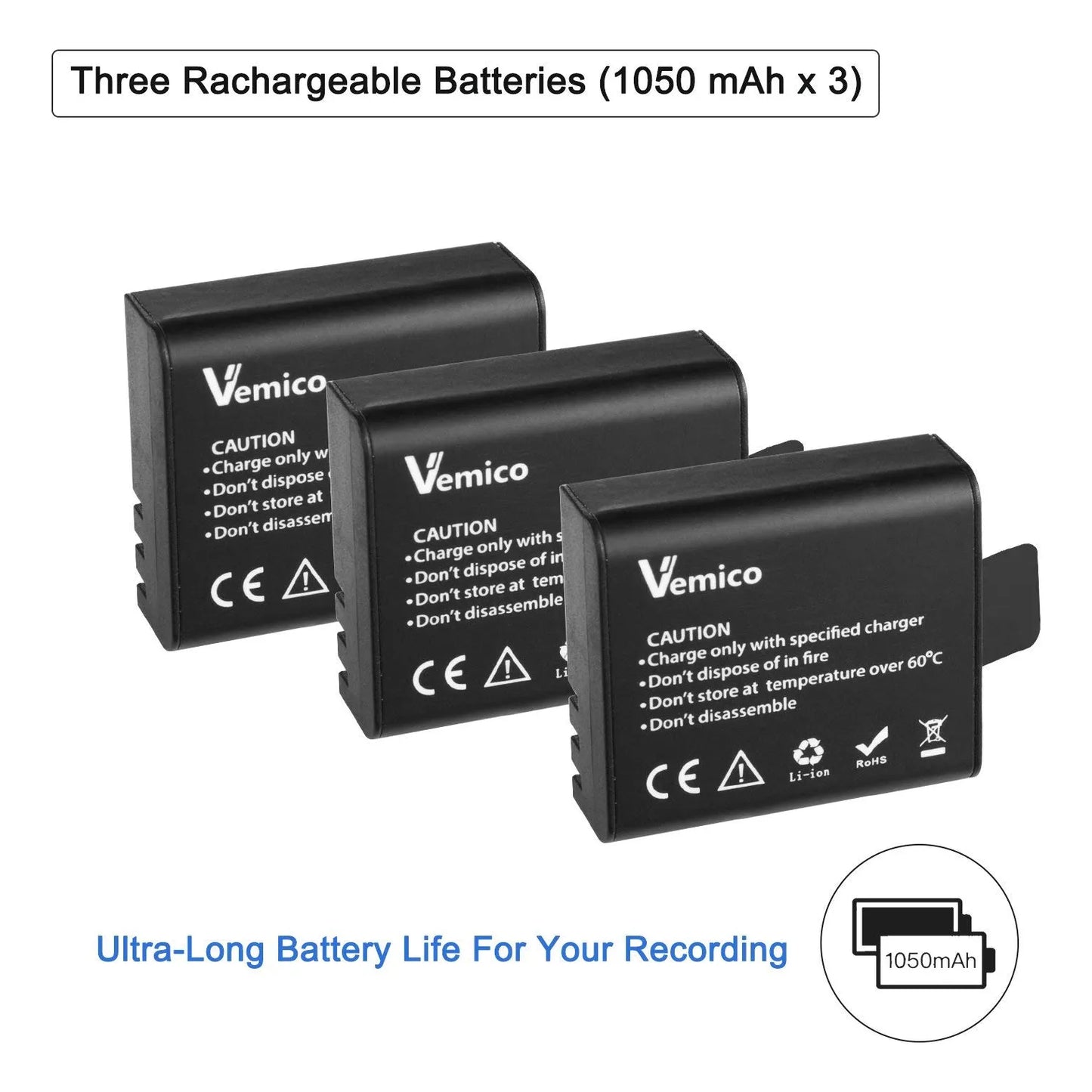 Batería Recargable 1050mAh Para Cámara De Acción Paquete De 3 Con Cargador Dual