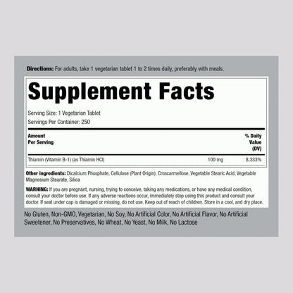 Vitamina B1 100 Mg 250 Tabletas Suplemento De Tiamina Energía Y Vitalidad