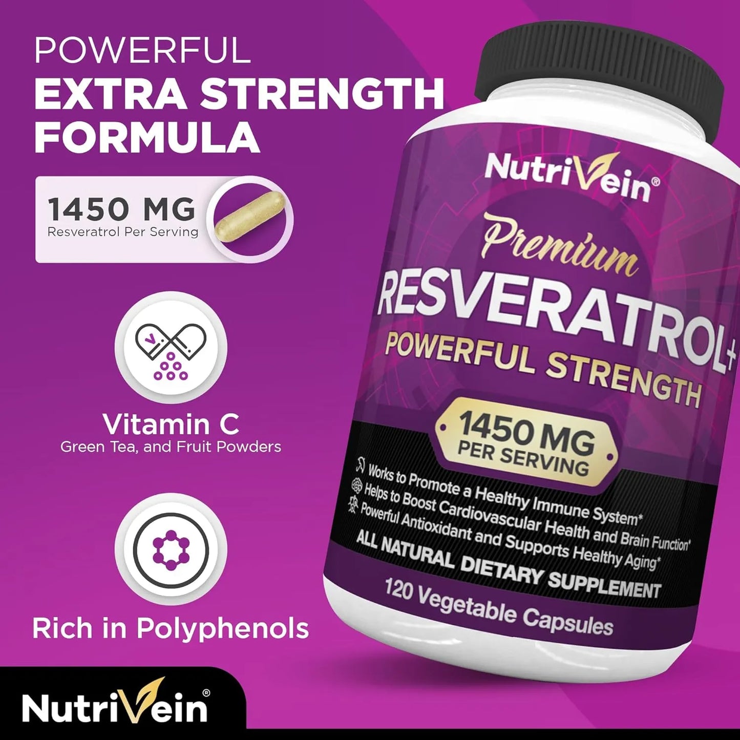 Resveratrol 1450Mg Antioxidante Antienvejecimiento 120 Capsulas Nutrivein