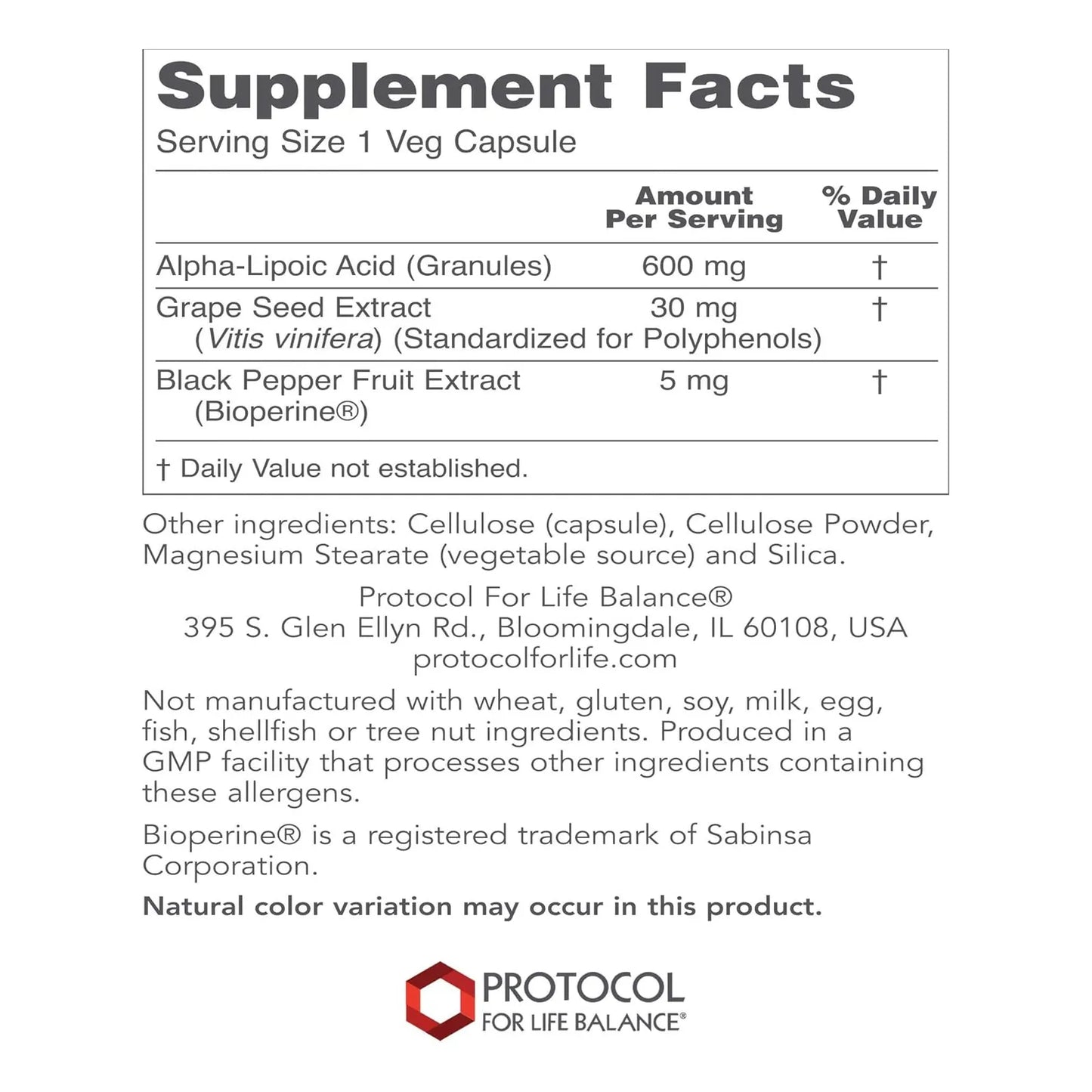 Acido Alfa Lipoico 600mg Con Extracto De Semilla De Uva Y Bioperina 60 Capsulas Vegetales