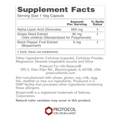 Acido Alfa Lipoico 600mg Con Extracto De Semilla De Uva Y Bioperina 60 Capsulas Vegetales