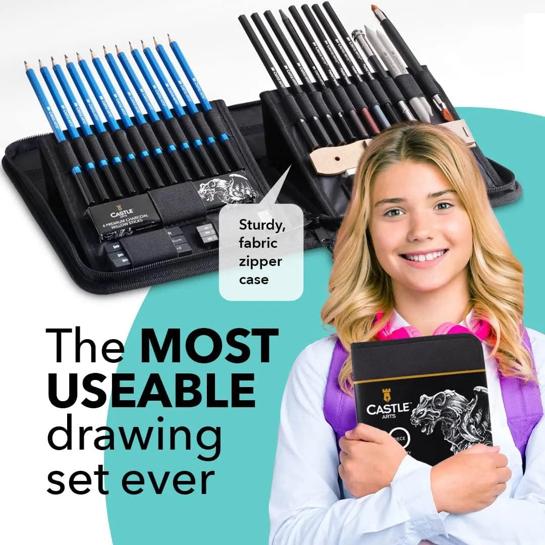 Set De 40 Lápices Profesionales Para Dibujo Grafito Carbón Y Pastel Con Estuche Y Guía