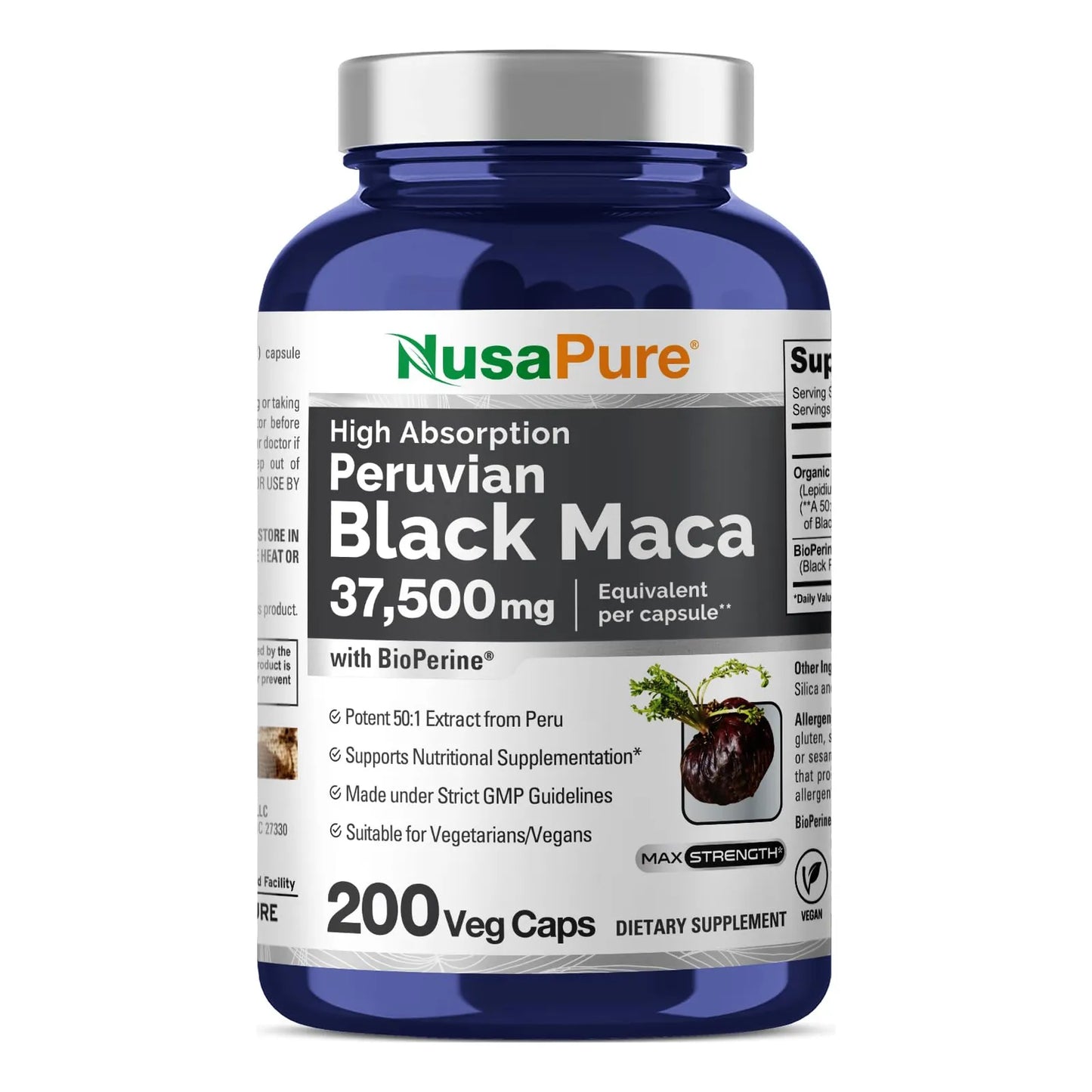 Raíz De Maca Negra 37500 Mg 200 Cápsulas Vegetales Vegano Sin OMG