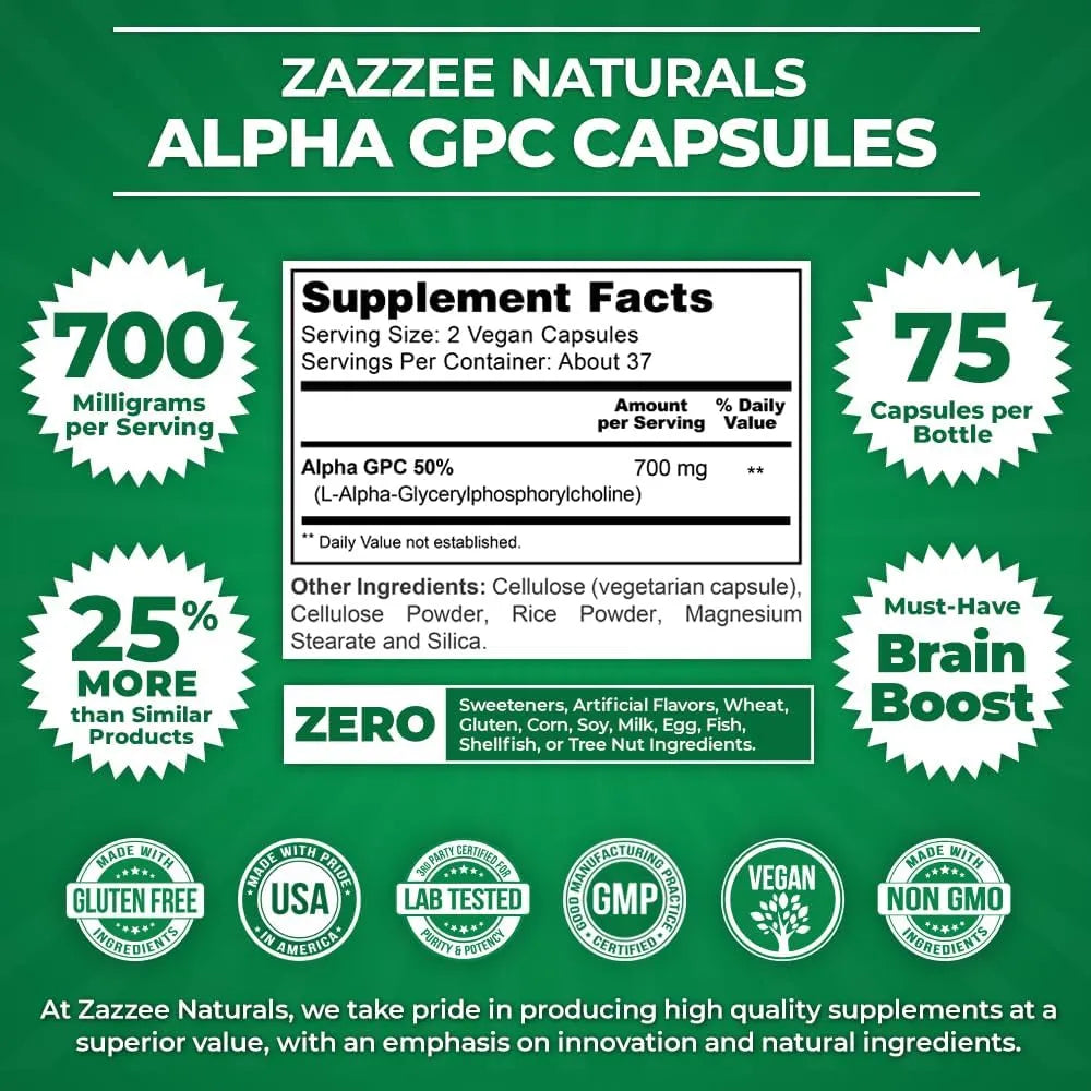 Alpha GPC Colina 300 Mg 75 Cápsulas Veganas Potencia Cognitiva Y Memoria