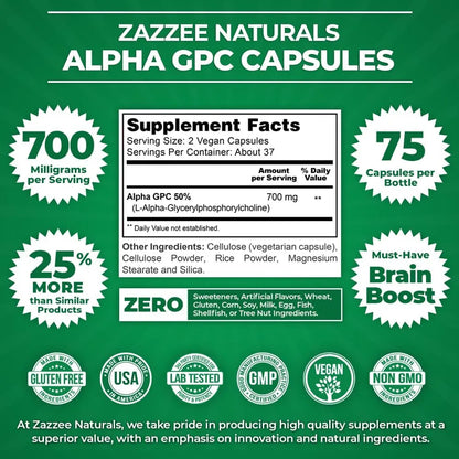 Alpha GPC Colina 300 Mg 75 Cápsulas Veganas Potencia Cognitiva Y Memoria