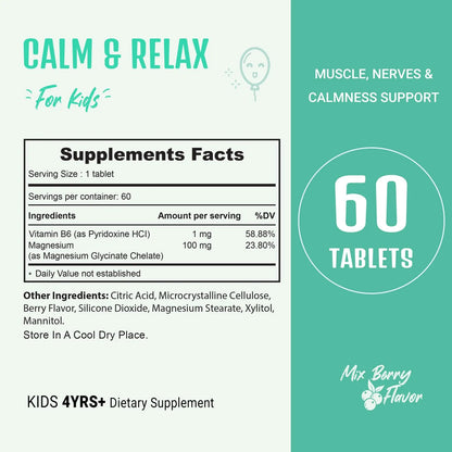 Suplemento Calmante Para Niños Con Glicinato De Magnesio Y Vitamina B6 Sabor A Bayas 60 Tabletas