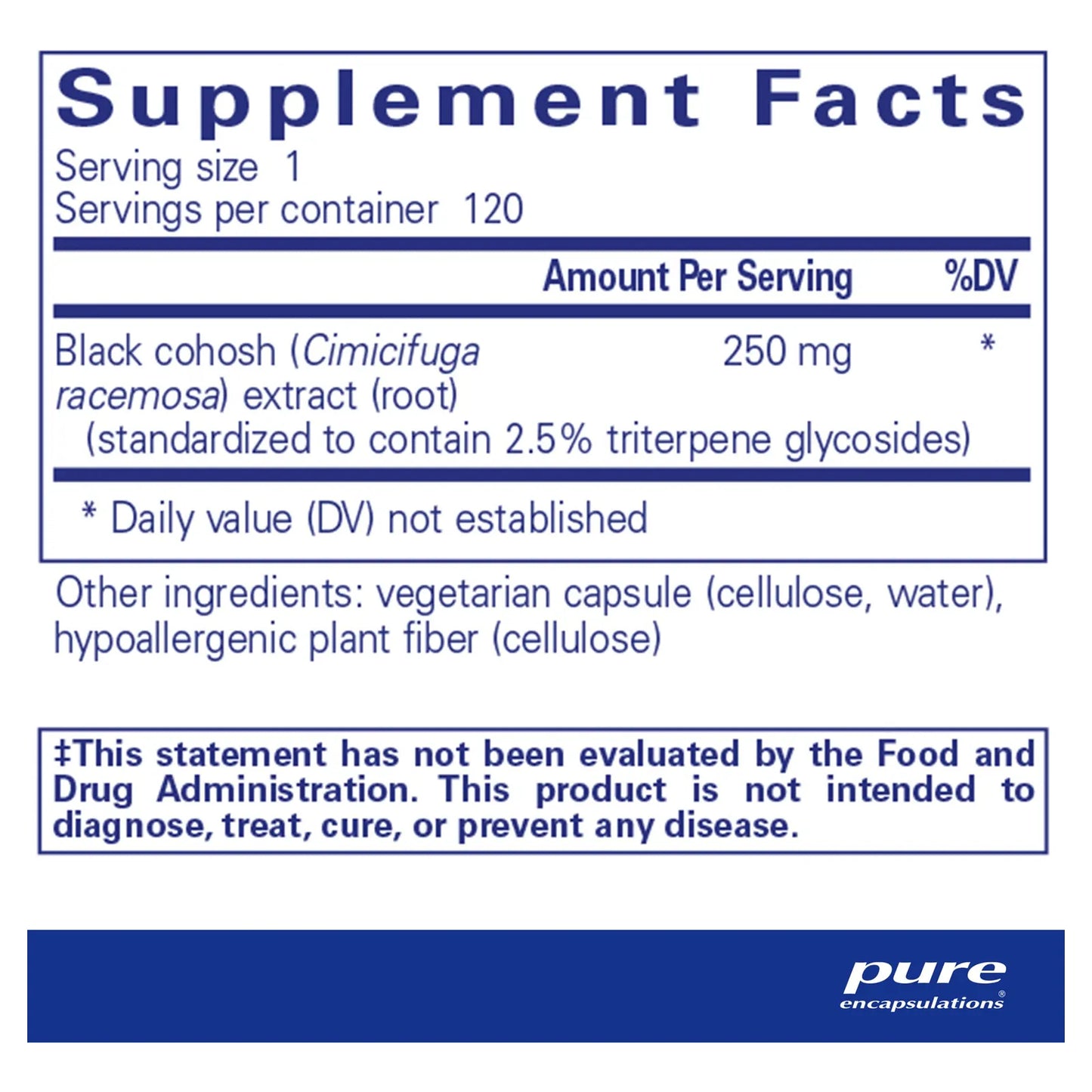 Black Cohosh 2.5 Suplemento Hipoalergénico Para Apoyo Menopáusico 120 Cápsulas