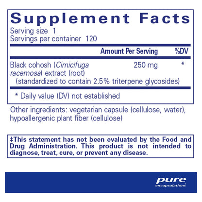 Black Cohosh 2.5 Suplemento Hipoalergénico Para Apoyo Menopáusico 120 Cápsulas