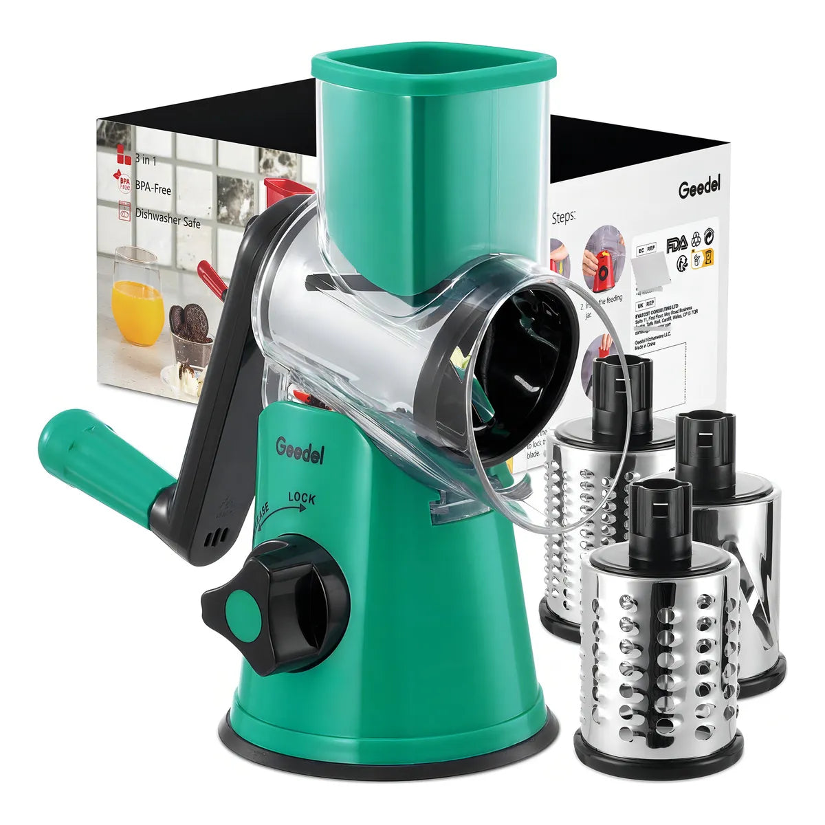 Rallador Giratorio De Cocina 2 Cuchillas Acero Inoxidable Facil Limpieza Verde