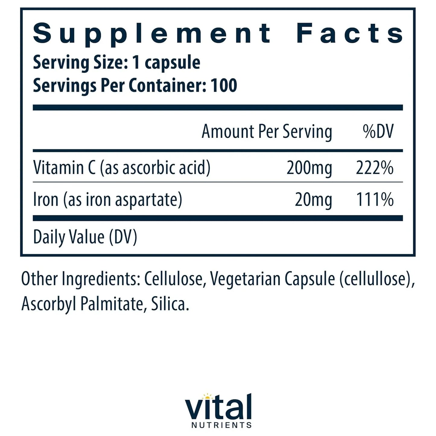 Suplemento De Hierro 20 Mg Con Vitamina C 100 Capsulas Energia Y Vitalidad