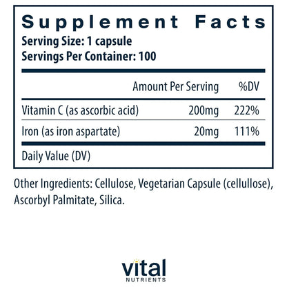 Suplemento De Hierro 20 Mg Con Vitamina C 100 Capsulas Energia Y Vitalidad