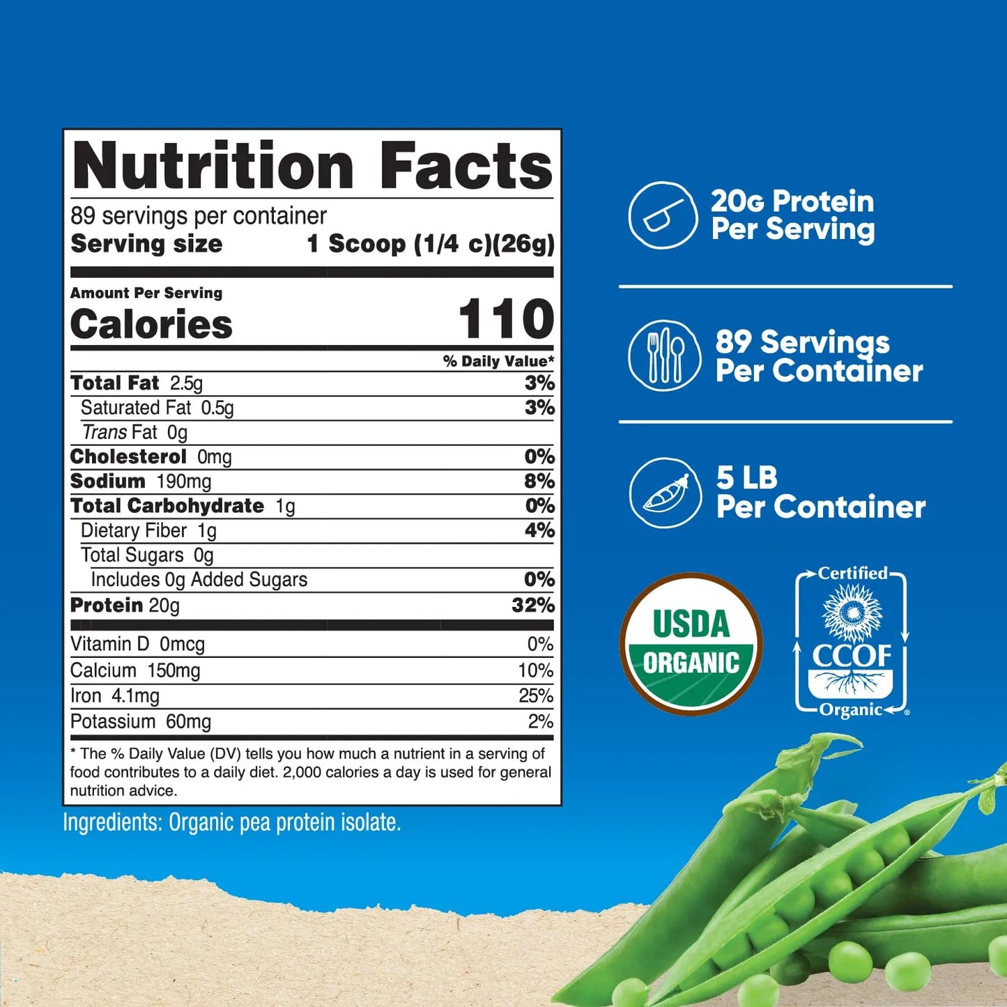 Proteína En Polvo Aislada De Guisante Orgánica 5LBS Sin Sabor USDA Organic Vegana Sin Gluten