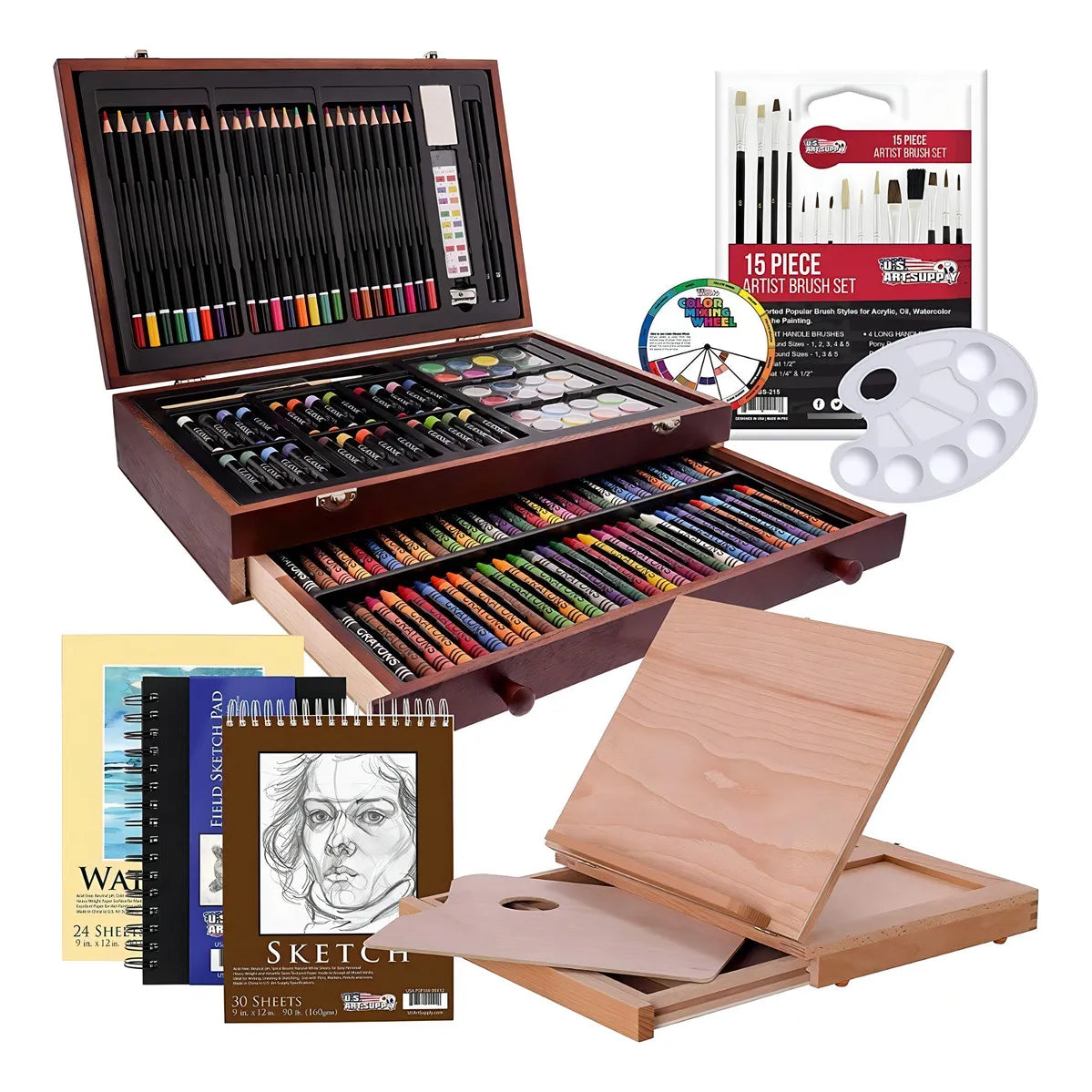 Kit De Arte 163 Piezas Profesional Con Caballete Y Estuche De Madera