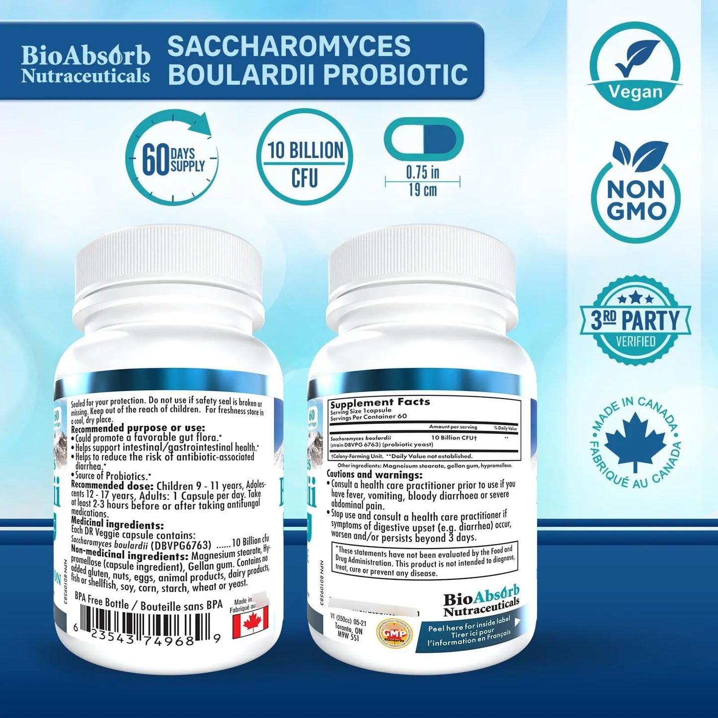 Probiótico Saccharomyces Boulardii 10 Mil Millones UFC 60 Cápsulas Vegano Sin Refrigerar