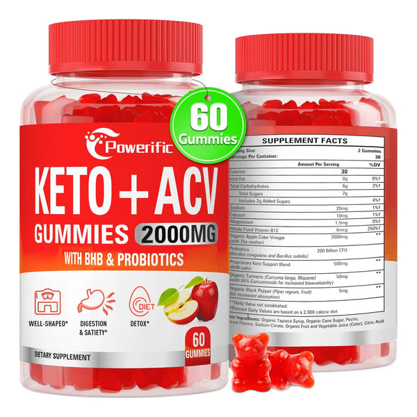 Gomitas De Vinagre De Sidra De Manzana Keto ACV 2000 Mg Con Probióticos Y Vitamina B12 Para Digestión Y Energía