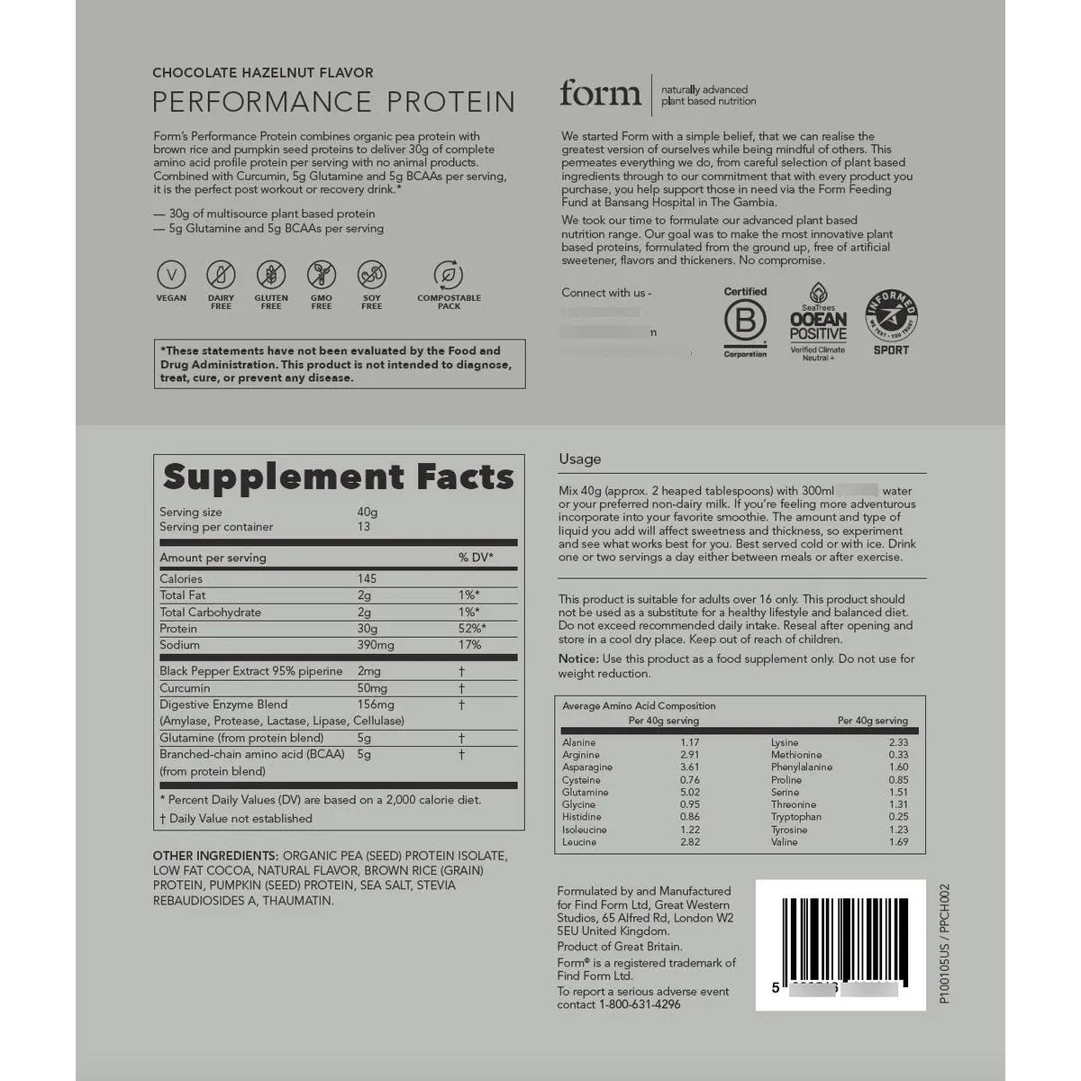 Proteína De Rendimiento Vegana En Polvo 30g Por Porción Con Bcaa Y Enzimas Digestivas