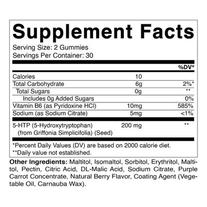 Gomitas 5 HTP 200 Mg Con B6 Sin Azucar Sabor Bayas 60 Unidades Veganas