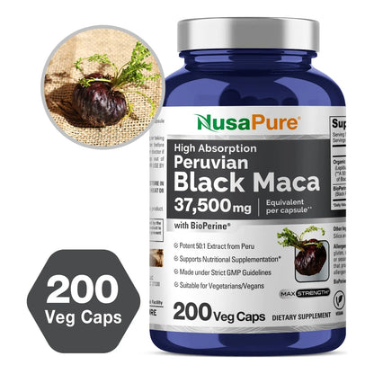 Raíz De Maca Negra 37500 Mg 200 Cápsulas Vegetales Vegano Sin OMG