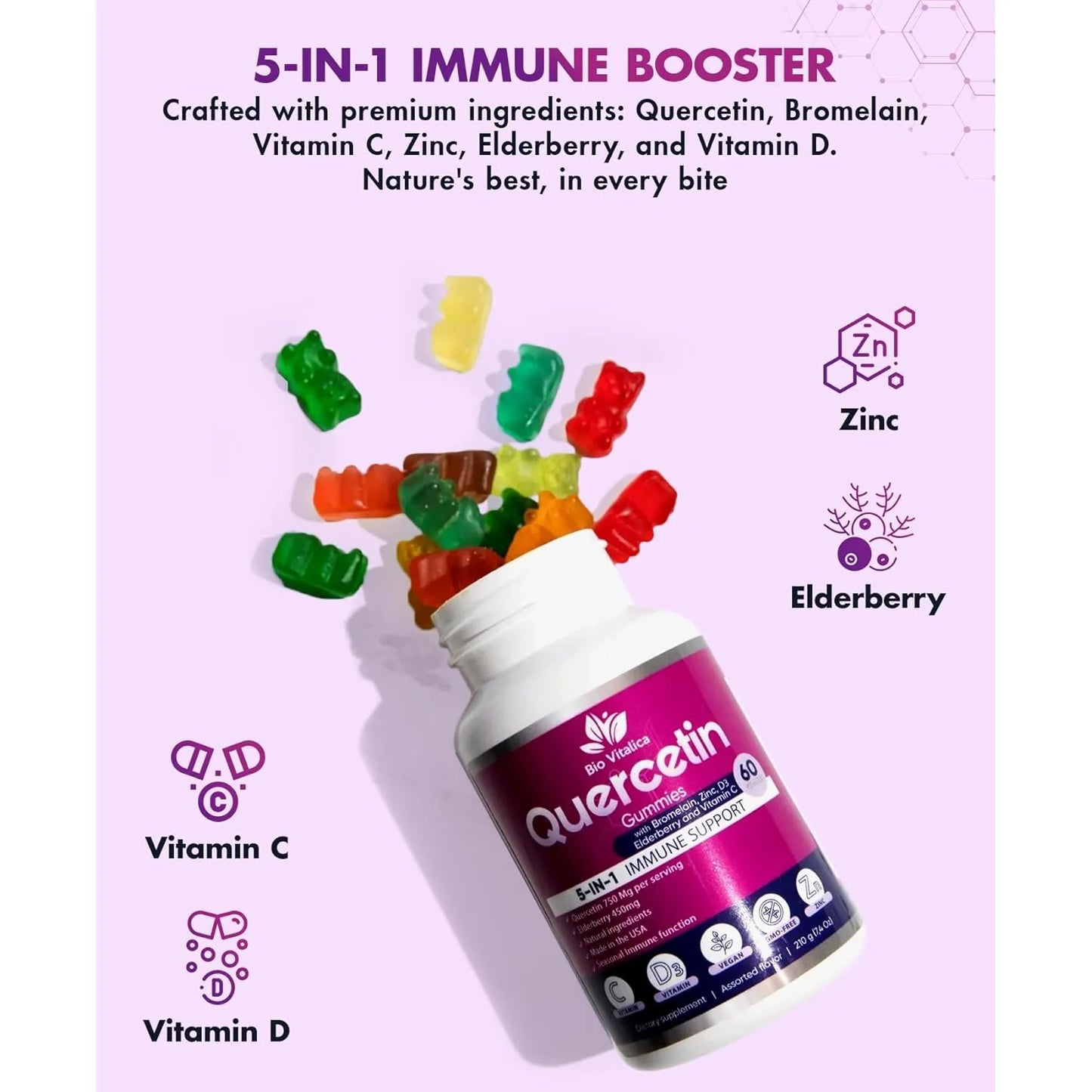 Gomitas De Quercetina Con Bromelina Vitamina C Zinc Y Saúco Potenciador Inmunológico 5 En 1