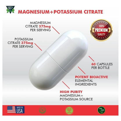 Citrato De Magnesio Y Potasio 60 Cápsulas Veganas Premium Alta Absorción