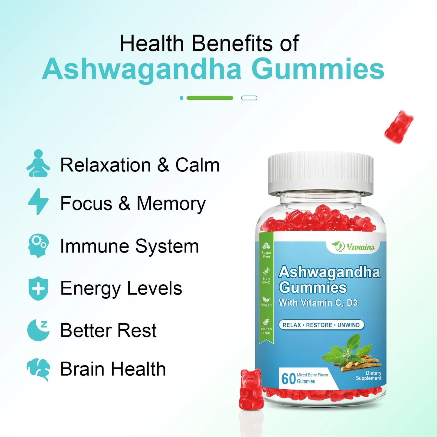 Gomitas Ashwagandha Vitamina D 120 Unidades Apoyo Animo Relajacion Sistema Inmunologico
