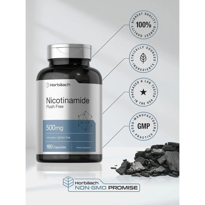 Horbäach Nicotinamida 500mg 180 Cápsulas Vitamina B3 Sin Rubor Sin Gluten - Imagen 5