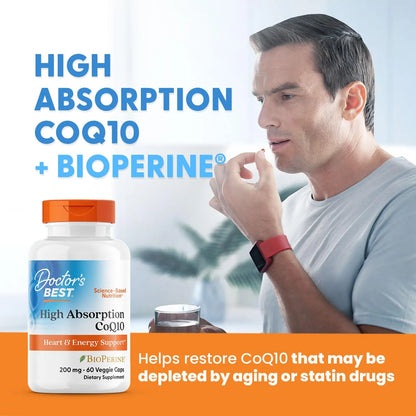 CoQ10 Alta Absorción 200 Mg Con BioPerine Energía Cardíaca Y Celular