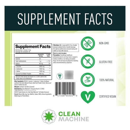 Clean BCAA Suplemento Energético Aminoácidos Veganos Con Agua De Coco 30 Porciones Sabor Ponche
