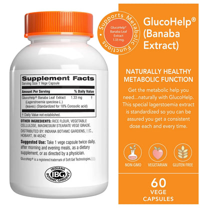 Extracto Hoja Banaba GlucoHelp 60 Capsulas Transporte Saludable Glucosa