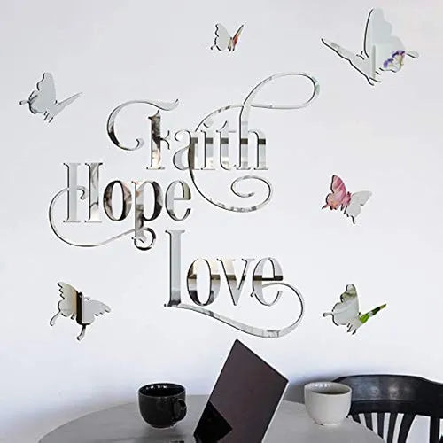Faith Hope Love 3D Silver Acrylic Mirror Wall Decor Stickers Elegante Y Moderno