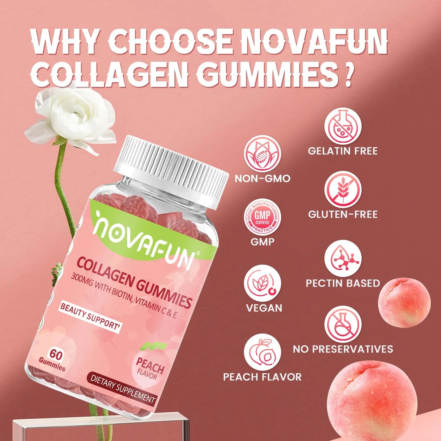 Gomitas De Colágeno Con Biotina Vitamina C Y E Para Cabello Piel Y Uñas Sabor Melocotón 60 Unidades