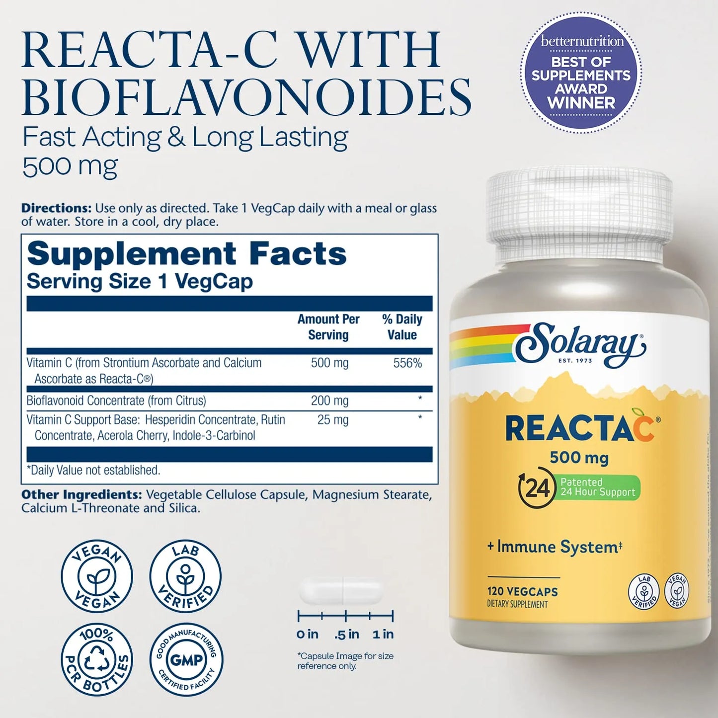 Reacta C Vitamina C 500 Mg Con Bioflavonoides 200 Mg Suplemento Inmunologico Vegano 120 Capsulas