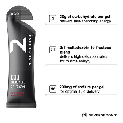 Gel Energético C30 Para Rendimiento E Hidratación Sabor Frutal Pack X12