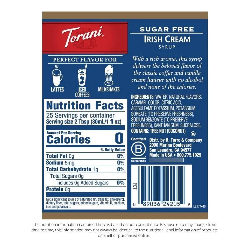 Sirope Torani Crema Irlandesa Sin Azúcar Pack X4 25.4 Oz Ideal Café Postres
